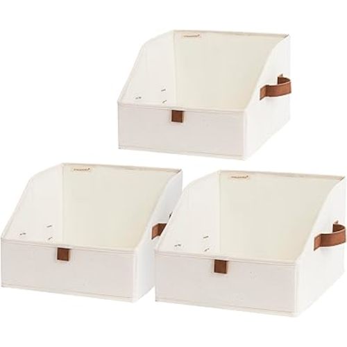 StorageWorks Closet Storage Bins, Trapezoid Organizer Box for Shelves, Fabric Clothes Bin, Foldable Organizing Baskets with Handles, Small, Ivory White, 3-Pack