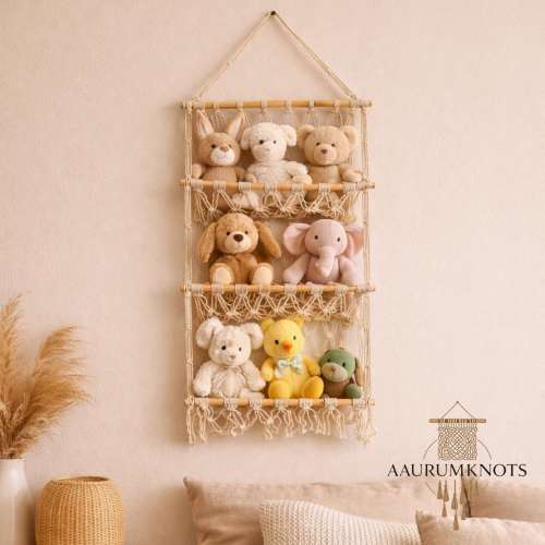 Macrame Toy Hammock Organizer | Wall Storage for Stuffed Animals | Nursery & Kids Room Decor, Macrame Wall Hanging, Soft Plush Toy Storage