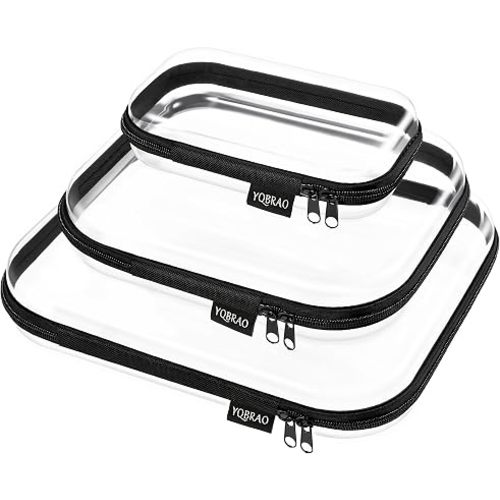 YQBRAO 3-Pack Clear Hard Shell Zipper Case Black, 1.2mm Heavy-Duty Crush-Proof Travel Makeup Bag, Multi-Size (L+M+S) Diaper Bag Organizer Pouches, Rigid Clear Zipper Pouches for Tech, Toys & Home
