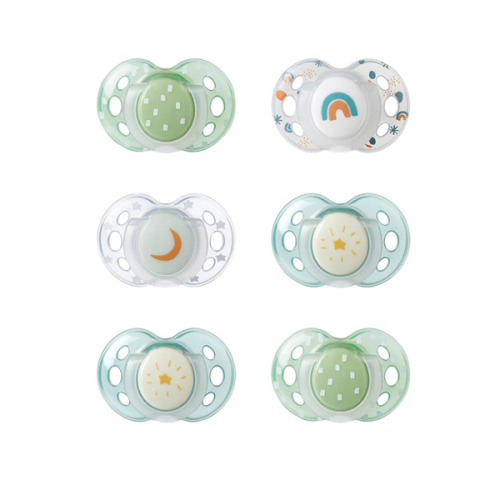 Tommee Tippee Night Time Pacifier, 18-36 Months, Symmetrical Silicone Baglet, BPA-Free Binkies, Glow in The Dark Technology, Green Rainbow, Pack of 6