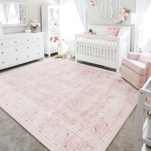 Nursery Rug for Baby Girl,Machine Washable Cute Blush Rug for Bedroom Girls Living Room Dorm Kids Playroom,Super Soft Faux Wool Boho Floral Carpet 5 by 7 Pink and White