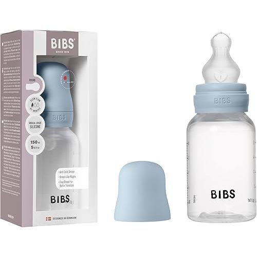 BIBS Plastic Baby Bottle, 5.1 oz, 1-Pack, Silicone Nipple, Baby Blue