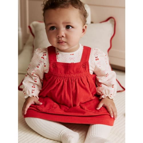 Red Bow Baby Cord Pinafore Long Sleeve Bodysuit & Tights Set (0mths-2yrs)