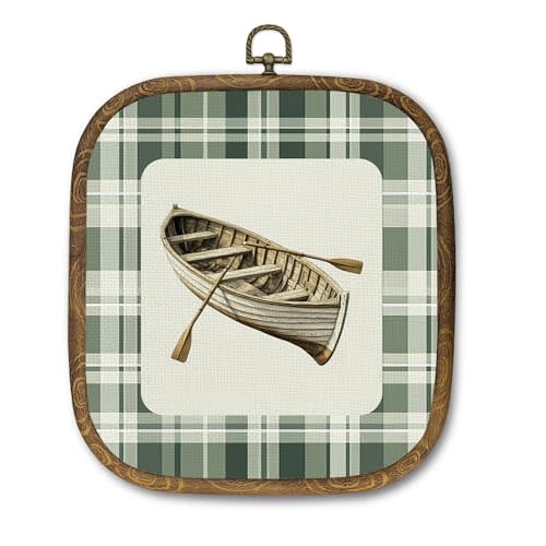 JMENGSSFL Fishing Boy Nursery Wall Art Decor, Fishing Gifts for Boys Canvas Prints, Green Plaid Fish Boat Framed Wall Art for Kids Boy Nursery Room Bedroom Playroom Decor, 5.7x6.5 Inch