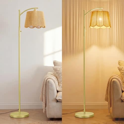 Karjoefar Floor Lamp, Rattan Floor Lamp with Hand-Woven Shade, Boho Floor Lamp with Dimmable Knob, Floor Lamps for Living Room Bedroom, Arc Floor Lamp & Tall Standing Lamp with 7W Bulb