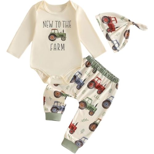 Bagilaanoe Newborn Baby Boy Outfit Fall Winter Clothes Farm Tractor Long Sleeve Romper Long Pants Hat Set