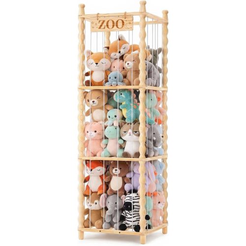 Stuffed Animal Storage Organizer, Wood Animals Zoo Toy Plushies Storage Holder with Cute Wave Design, Large Capacity Plush Toy Cage for Kids Room, Nursery & Playroom Organization(54" Tall)