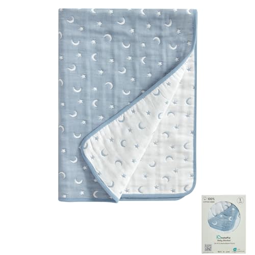 100% Cotton Jacquard Baby Blanket, Soft & Breathable Swaddle & Nursery Blanket, 39 x 27 Inches, Lightweight All-Season Crib & Stroller Blanket for Boys & Girls (Blue Crescent Moon)