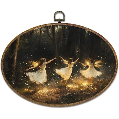 kdqua Enchanted Forest Fairy Oval Wall Art Decor, Vintage Magical Fantasy Fairytale Canvas Artwork Framed, Dark Academia Cottagecore Wall Hanging Decorations for Home Bedroom Living Room, 11.4x8.6Inch