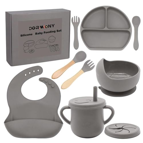 100% Silicone baby feeding set,BPA free Baby dishes set with Suction Bowl Divided Plate,Toddler Self Feeding Dish Set with Spoons Forks Sippy Cup And Bib, Baby Eating Utensils (Light Brown)