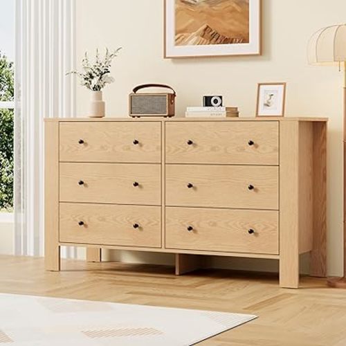 GarveeHome Natural Oak 6 Drawer Dresser for Bedroom, Modern Wide Dresser Organizer with Storage Drawers, Wooden Chests of Drawers for Bedroom, Entryway, Hallway, Home Office