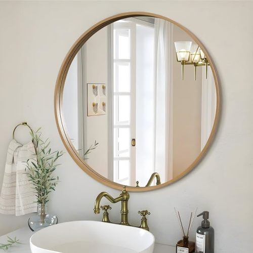 WallBeyond Round Wood Mirror, 32" Round Modern Decoration Large Circle Wall Mirror for Bathroom Living Room Bedroom Entryway, Honey