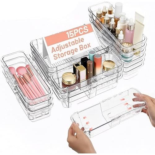 15 PCS Extendable Clear Plastic Drawer Organizer - Adjustable Bathroom Storage, 2-Sized Vanity Organizer for Tools, Bathroom, Silverware, Desk Drawers, and Pencil Trays.