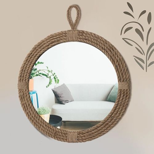 Nautical Mirror 24 Wall Decor with Rope Wrapped Trim and Hanging Loop Round Circle Coastal Boho Mirror Nautical Rustic Decorative for The Living Room, Bedroom Bathroom and Entryway