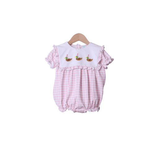 Hand Embroidered Pink Gingham Party Duck Bubble