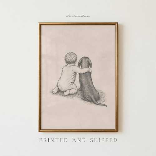 Baby and Dachshund Vintage Nursery Print | Gender Neutral Dog Nursery Art, Baby Shower Gift, Nursery Decor, Wiener Dog Love