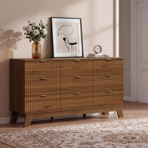 George Oliver Fluted 9-Drawer Dresser 57''W Wood Wide Chest Of Drawers With Metal Handle, Adjustable Feet & Reviews | Wayfair