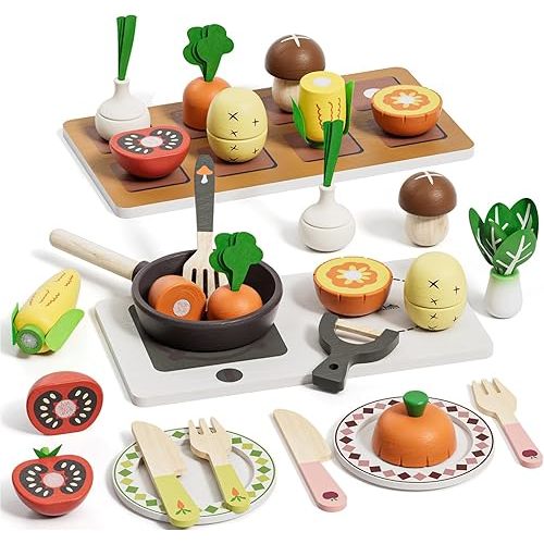 Wooden Play Food Sets for Kids Kitchen, Cutting Vegetables Pretend Play Toys for Boys & Girls 3+