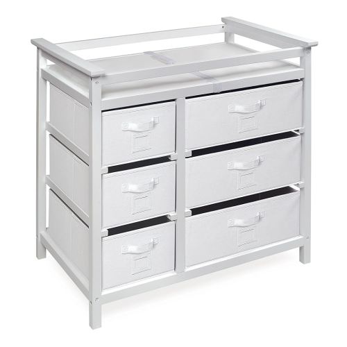 Badger Basket Modern Baby Changing Table - Diaper Station Organizer with 6 Storage Drawers, Reversible Baskets, Safety Rails - Baby Nursery Furniture with Changing Pad and Belt - White