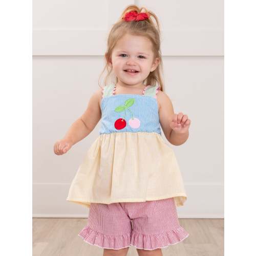 Summer Cherry Fun Embroidered 100% Cotton Ruffle Outfit