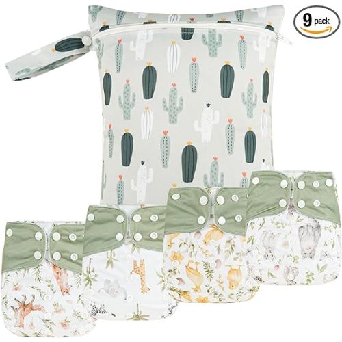 HappyFlute 9 Sets Newborn Baby Cloth Pocket Diapers Adjustable Reusable for Baby Boys and Girls(6-33 pounds,0-3 Years),One Wet Bag+4Diapers and 4Inserts (AD10)