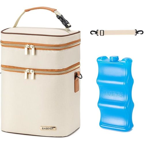 BABEYER Breastmilk Cooler Bag with Ice Pack Fits 6 Baby Bottles Up to 9 Ounce, Double Deck Leak-Proof Baby Bottles Bag with Shoulder Strap for Nursing & Working Mom, Cream