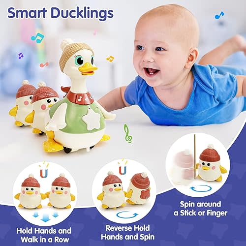 HOLA Baby Toys 6-12 Months Musical Dancing Duck Toy Set with Mama and Babys Tummy Time Toys, Crawling and Interaction Modes 1 Year Old Girl Boy Baby Stocking Stuffers