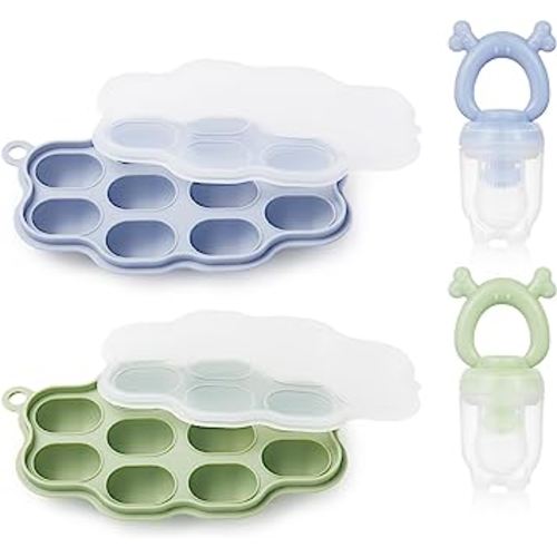 KingKam Baby Breastmilk Popsicle Molds & Baby Fruit Feeder (2 Pack), Baby Food Freezer Tray Storage Containers, Silicone Pacifier Feeder and Teether