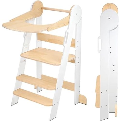 Toddler Tower, Toddler Kitchen Stool Helper with 3 Height Adjustable Step Stool, 2 in 1 Learning Tower,Foldable Standing Tower for 1.5-6 Years