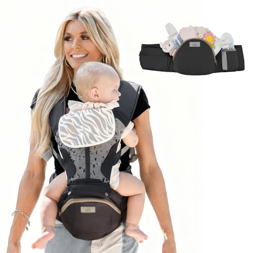 MOMTORY StowNGO Pro Baby Carrier, Safety-Certified 6-in-1 Ultra Storage Baby Carrier Newborn to Toddler, Front & Back Baby Holder Carrier with Hip Seat, Pure Black