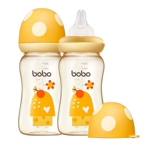 YOHKOH Anti-Colic Baby Bottle Yellow,PPSU,Mushroom Cap,Wide-bore,for Toddler Infant,8.8ounce,2pcs