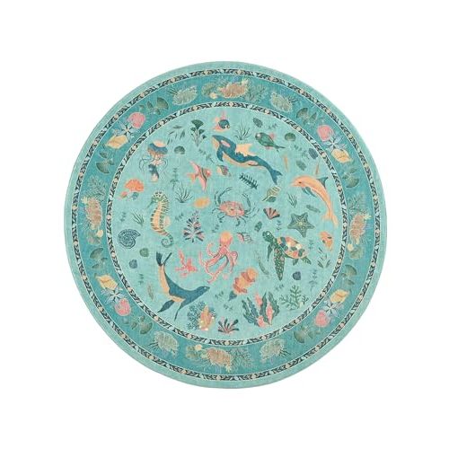 Soft Marine Animal Washable Faux Wool Stain Resistant Rug Rubber Non-Slip Backing for Playroom Bathroom Living Room Bedroom Bedside Beachy Cute Coastal Nautical Nursery Rug (Turquoise, 5' Round)