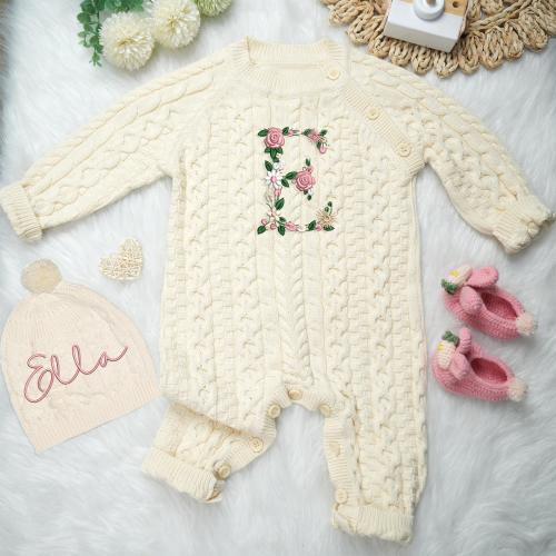 Personalized Baby Floral Romper, Embroidery Baby Girl Coming Home Outfit, Custom Baby Shower Gift, Floral Initial Bodysuit