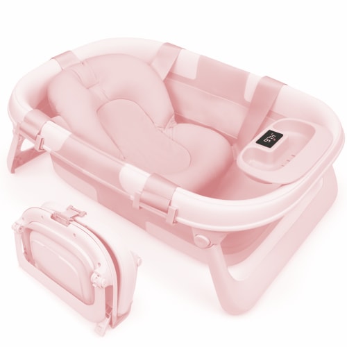 Jool Baby Fold ‘n Store Baby Bathtub – 3 Stage Collapsible Bather for Easy Storage, Portable for Travel – Built-in Thermometer (Pink)