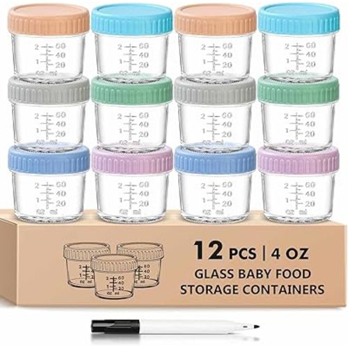 Glass Baby Food Storage Containers - 4 Oz Baby Food Jars with Lids Baby Food Maker Microwave Dishwasher Freezer Safe 100% Leak Proof BPA Free Reusable (12Pcs)