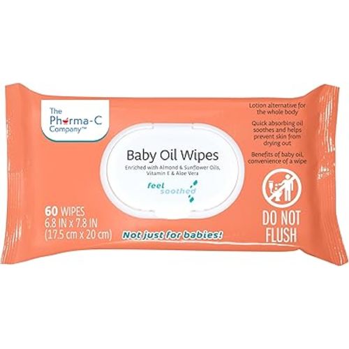 The Pharma-C Company Baby Oil Wipes. (60 Wipes) Enriched with Almond and Sunflower Oils, Aloe and Vitamin E.