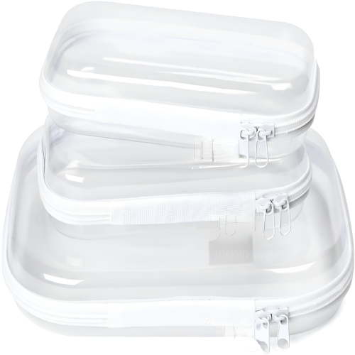 ACDANC Hard Sided Clear Zipper Case for Storage- Professional-Grade Plastic Clear Zipper Pencil Case,Toy Storage Bins,Toiletry Pouch,Travel Organizer,Cosmetic Bag（White,3 Pack）