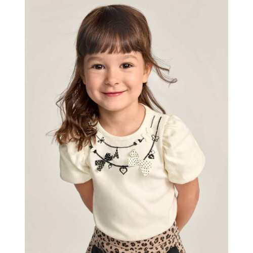 Girls Embroidered Necklace Puff Sleeve Top - The Leopard Edit - Cream