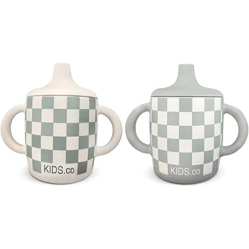 KIDSco. Silicone Sippy Cups for Babies & Toddlers 6+ Months – 5oz Spill Proof Training Cup with Soft Spout & Easy Grip Handles – BPA Free, Unbreakable, Non-Toxic Transition Cup (2 pack Checkers)