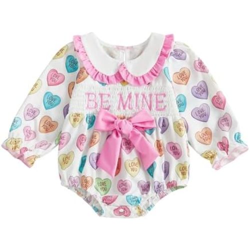 Ayalinggo Baby Girl Valentine's Day Outfit Be Mine Newborn Smock Bubble Romper Bow Long Sleeve Doll Collar Infant Jumpsuit