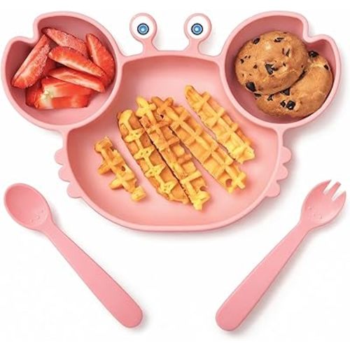 ROCCED Suction Plates for Baby, Silicone Plates with Suction Divided, Baby Spoon Fork Set for Toddler Baby Dishes Kids Utensils-Crab Pink