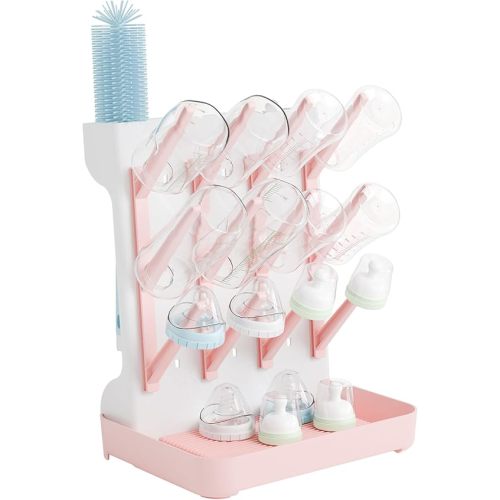 SuoXing Baby Bottle Drying Rack Space Saving,BPA Free Countertop Vertical Bottle Rack Dryer & Holder for Baby,Large Baby Bottle Station Organizer and Stand for Brushes,Pacifiers,Breast Pump,Dish,Pink