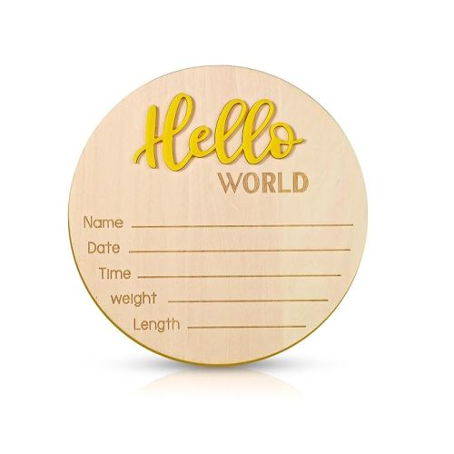 Baby Announcement Sign, 5.9 Inch Wooden Hello World Newborn Welcome Sign Birth Baby Name Plaques for Photo Props Baby Shower Hospital Nursery (Yellow)