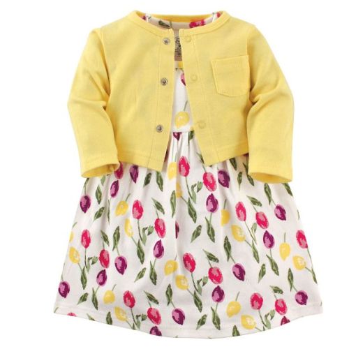 Luvable Friends Baby and Toddler Girl Dress and Cardigan 2pc Set, Tulips