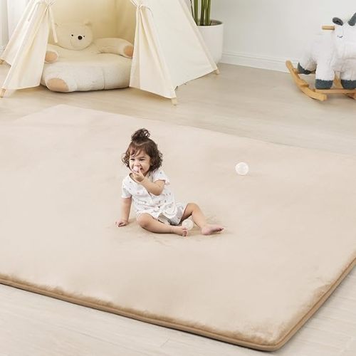 1.3" Thick Baby Floor Play Mat 79x118, Basic Padded Foam Mat for Tummy Time Crawling, Non Slip Cushioned for Babies Toddlers Infants Kids (Beige)