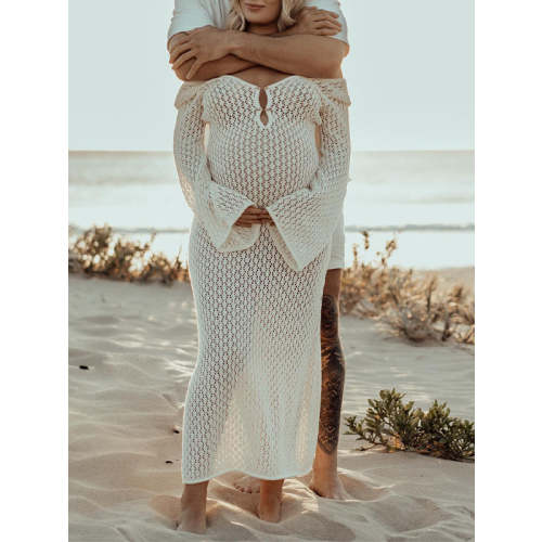 Momyknows Maternity Beach Cover Up White Cut Out Backless Flare Sleeve Baby Shower Photoshoot Maxi Dress