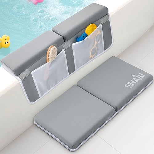 Shaju Bath Kneeler and Elbow Rest Pad Set for Baby Bathing Parents to Relieve Your Knee Pain. Baby Bath Kneeler with Toy Organizer Pockets -Machine Washable, Foldable, Non-Slip Suction-Cups.