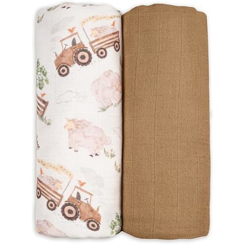 GLLQUEN BABY Muslin Swaddle Blankets Breathable Receiving Blankets (35" x 40") 2-Pack Soft Baby Blankets for Girls and Boys Newborn Essentials Muslin Burp Cloths Swaddle Wrap Baby Gift(Barn Prelude)