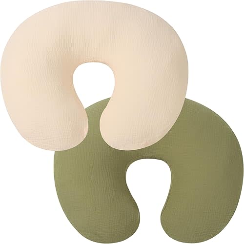 Onacosht Muslin Nursing Pillow Cover 2 Pack 100% Cotton Ultra Soft Breastfeeding Pillow Covers for Baby Boy and Girl, Light Green and Beige