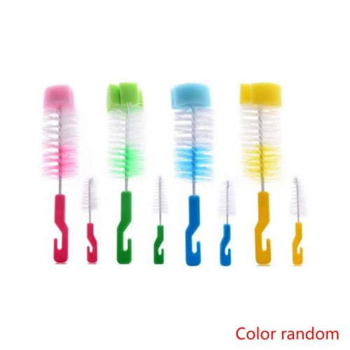 Soft Baby Feeding Bottle Nipple Sponge Bristle Cleaning Brush Set with Long Handle Color Random